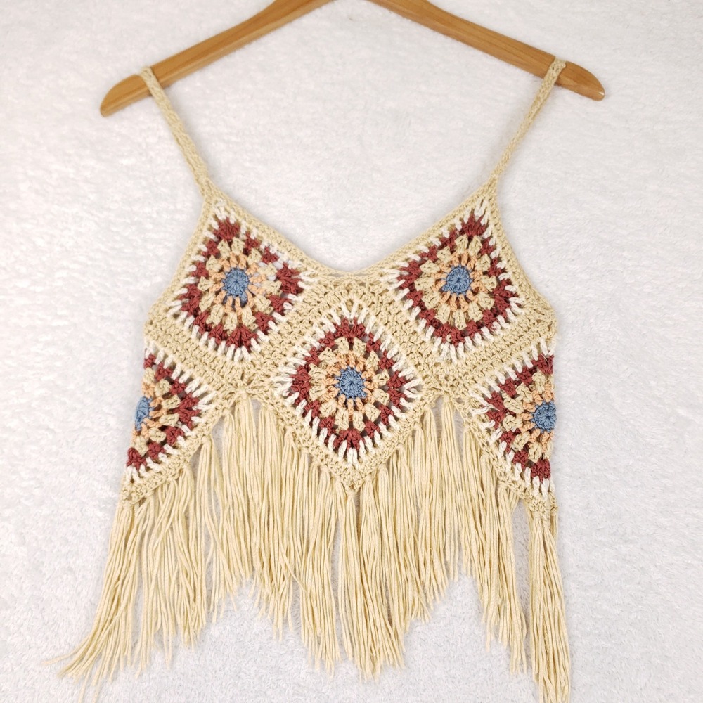 West of Melrose Crochet Granny Square Fringe Crop Top Womens XS Boho Festival - Picture 6 of 8